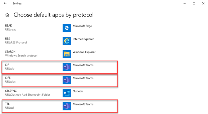 Default apps set to Microsoft Teams